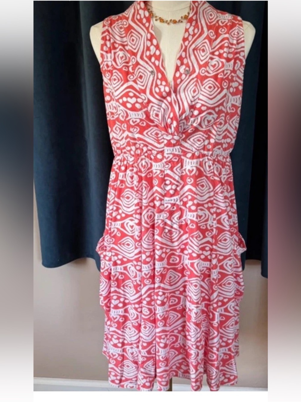 Lulu B Women M Knee Sheath Dress Sleeveless V-Neck Geometric Coral White Pocket